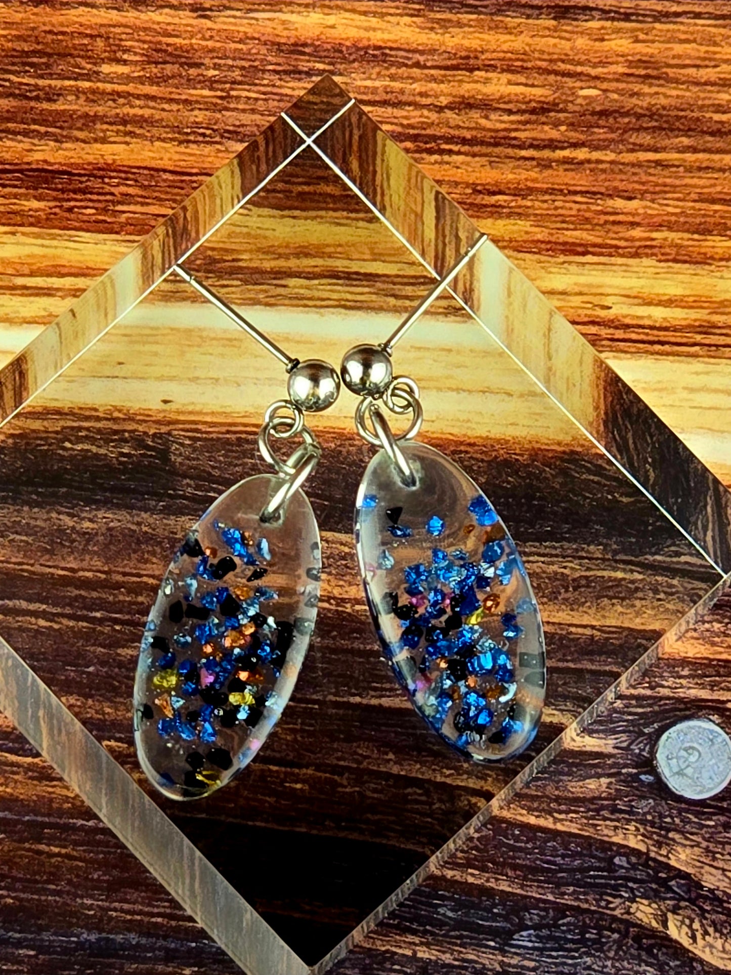 Clear With Blue and Black Glitter Ball Post Earrings