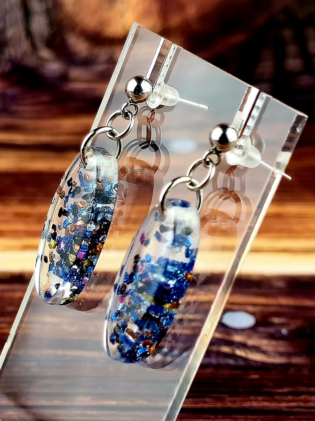 Clear With Blue and Black Glitter Ball Post Earrings