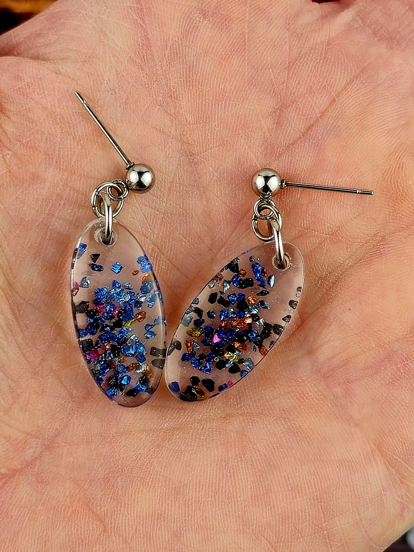 Clear With Blue and Black Glitter Ball Post Earrings
