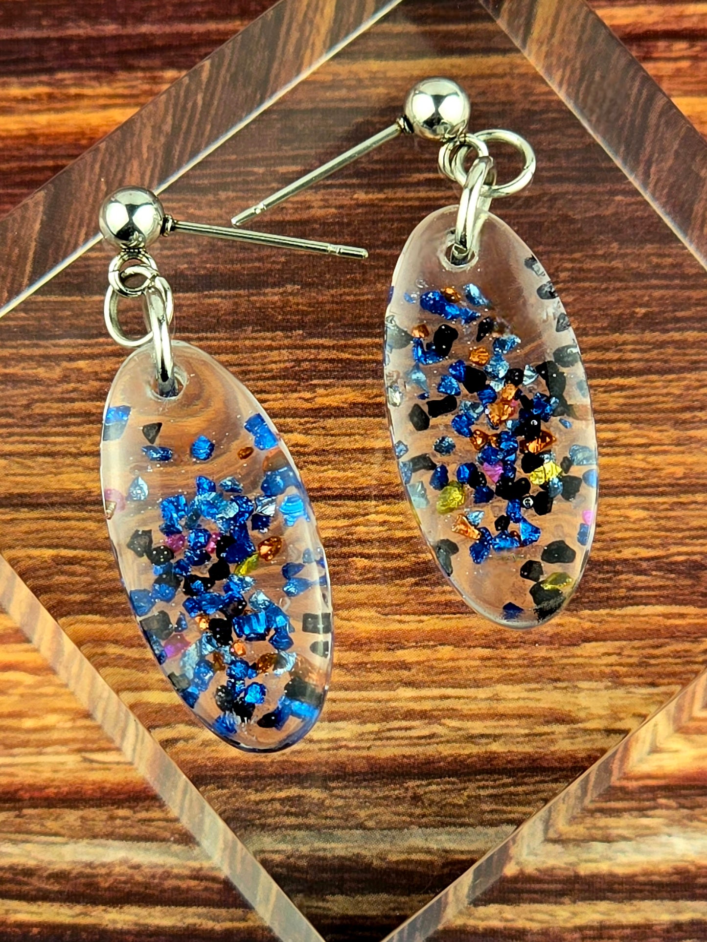 Clear With Blue and Black Glitter Ball Post Earrings