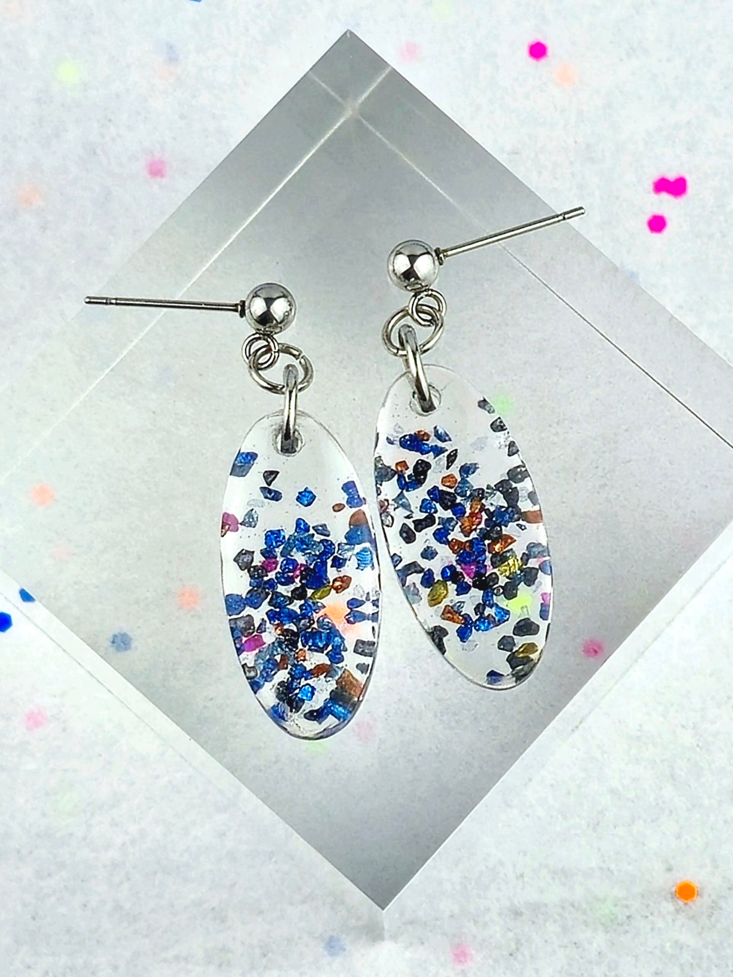 Clear With Blue and Black Glitter Ball Post Earrings