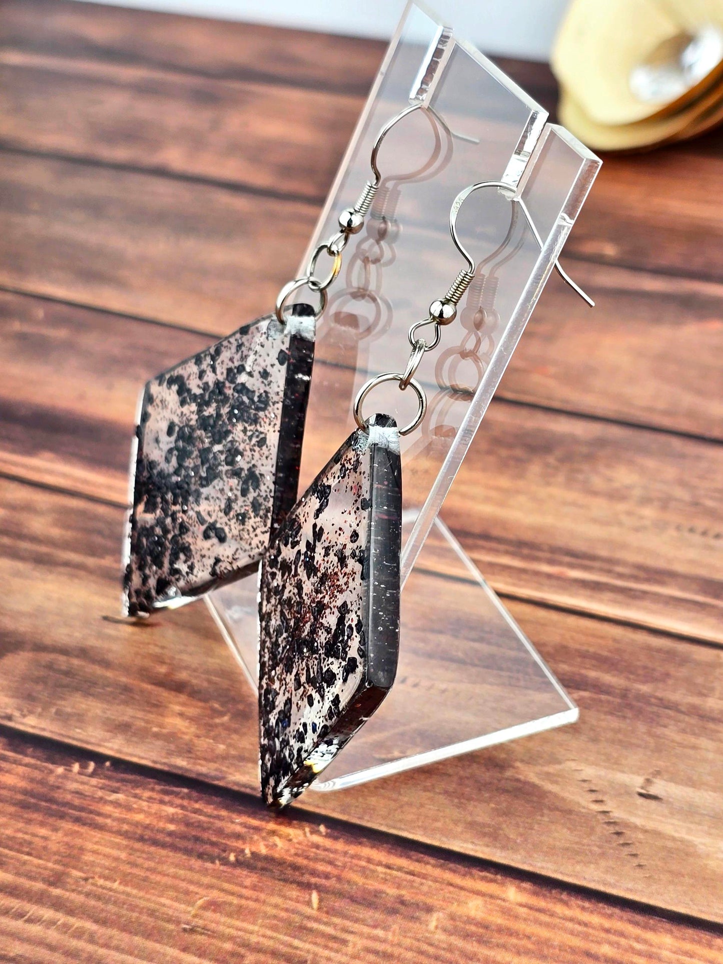 Black Sprakly Diamond Shaped Hook Earrings