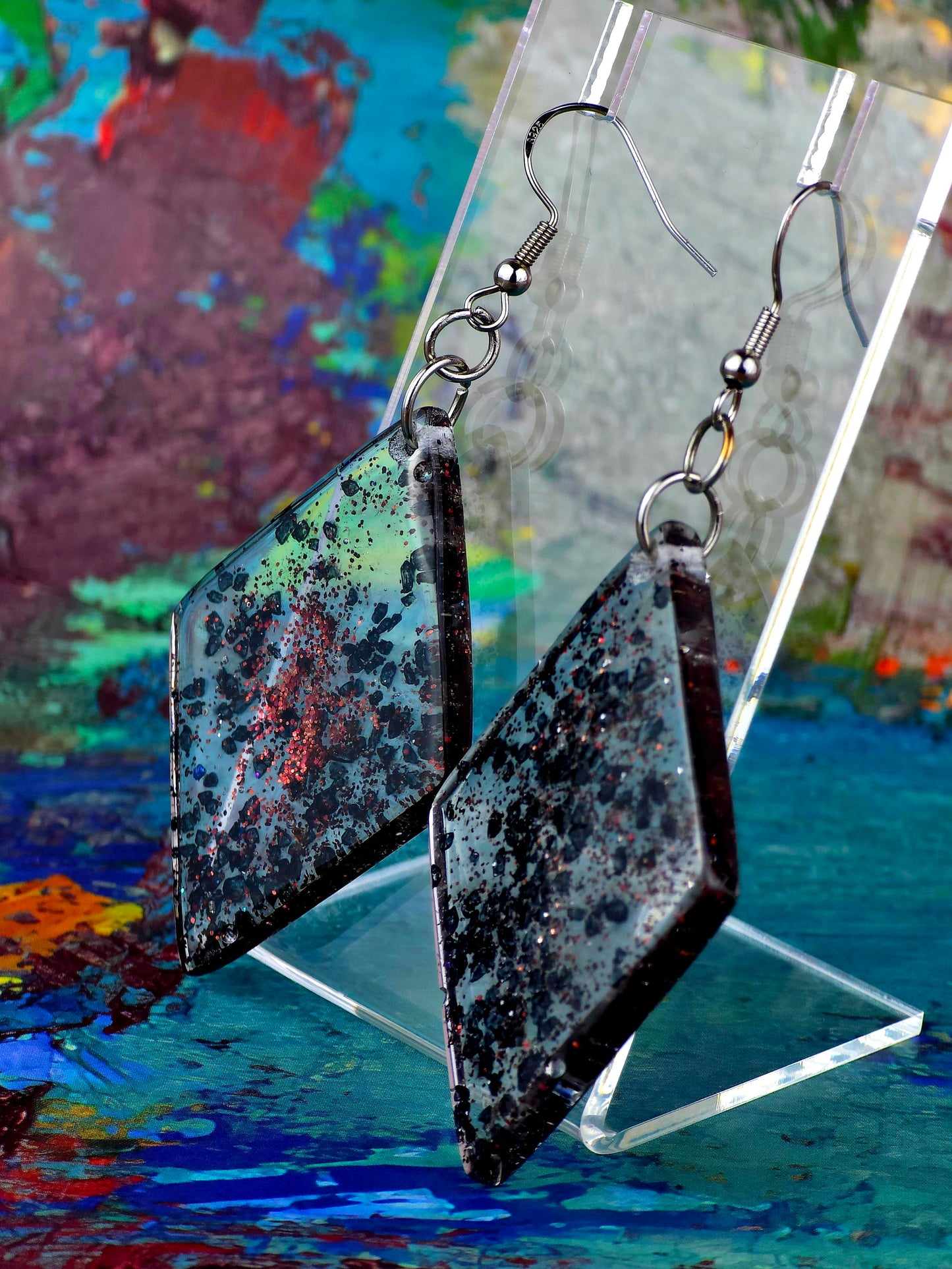 Black Sprakly Diamond Shaped Hook Earrings