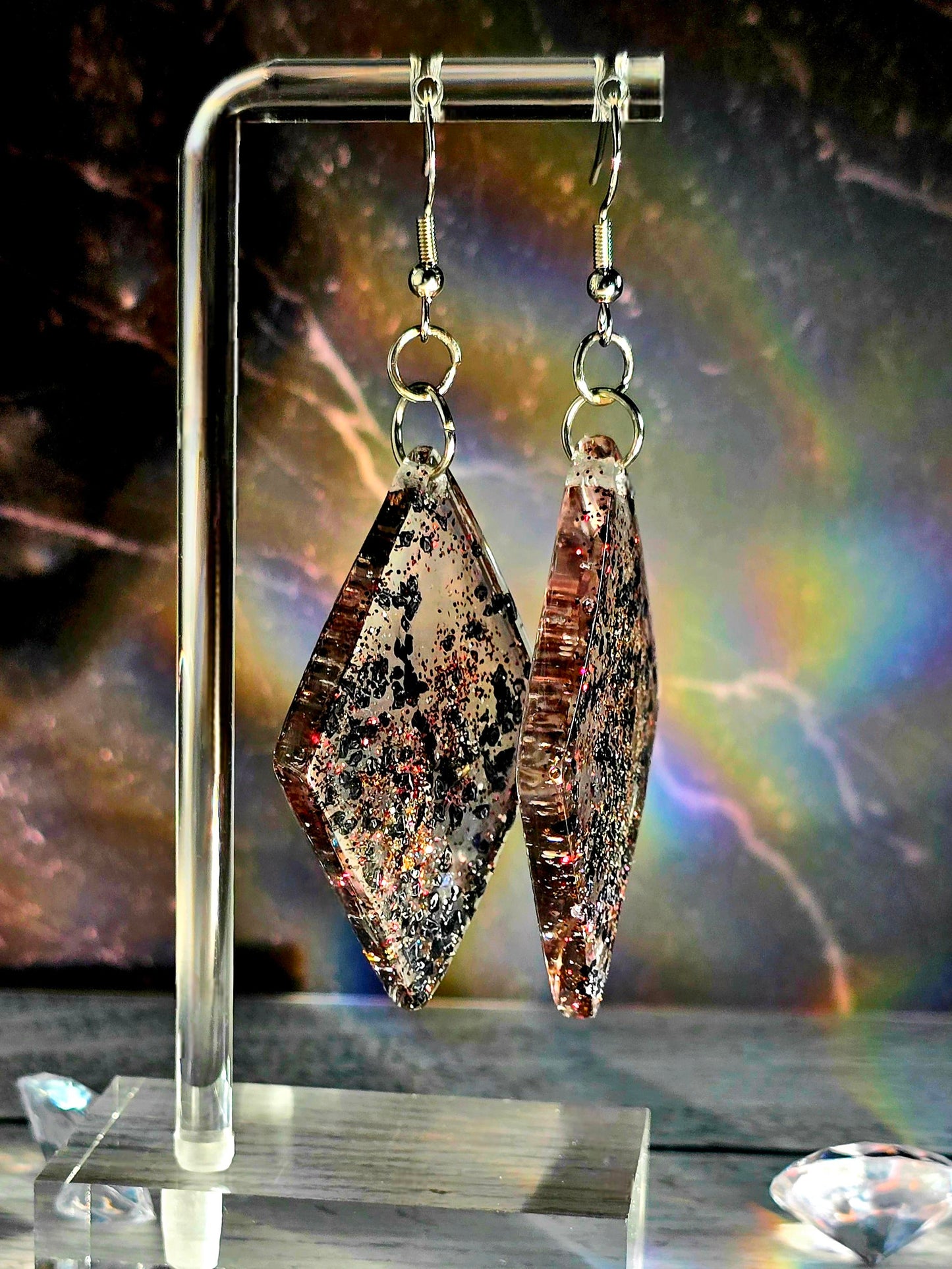 Black Sprakly Diamond Shaped Hook Earrings
