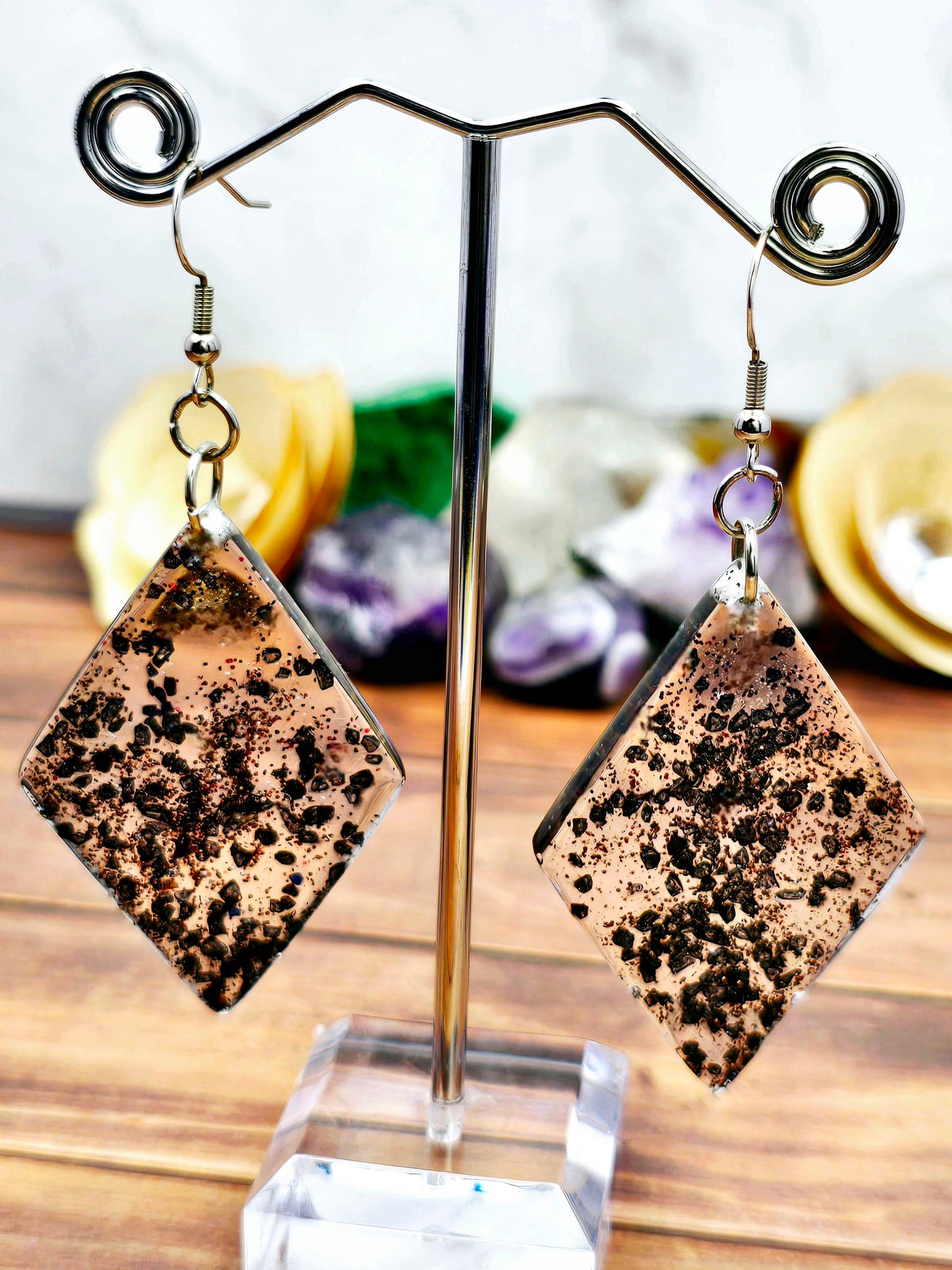 Black Sprakly Diamond Shaped Hook Earrings