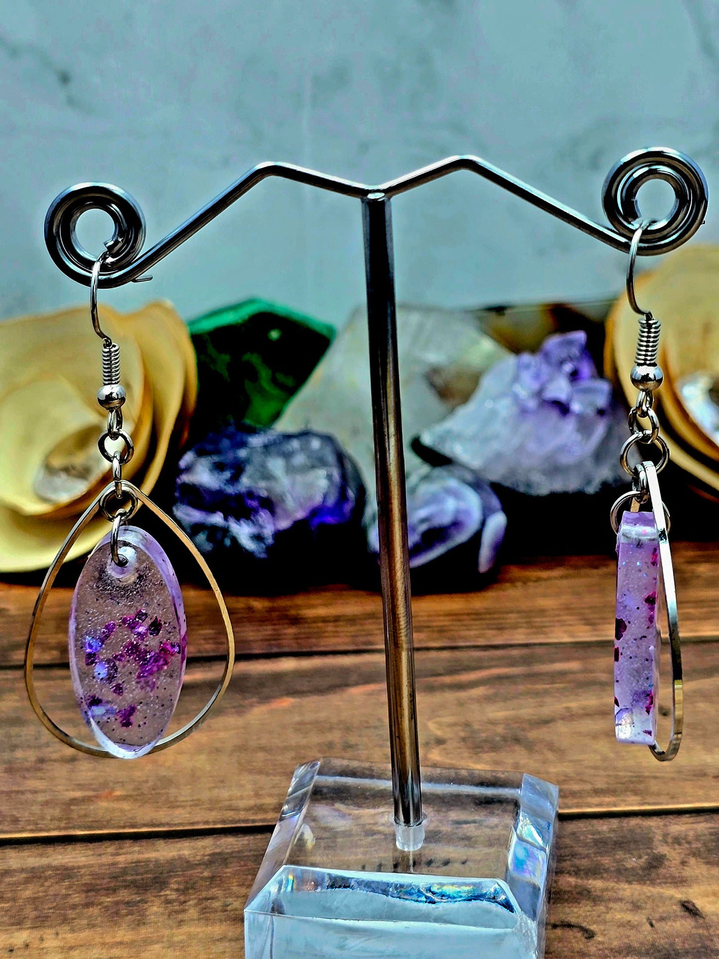 Purple Oval Teardrop Hoop Earrings