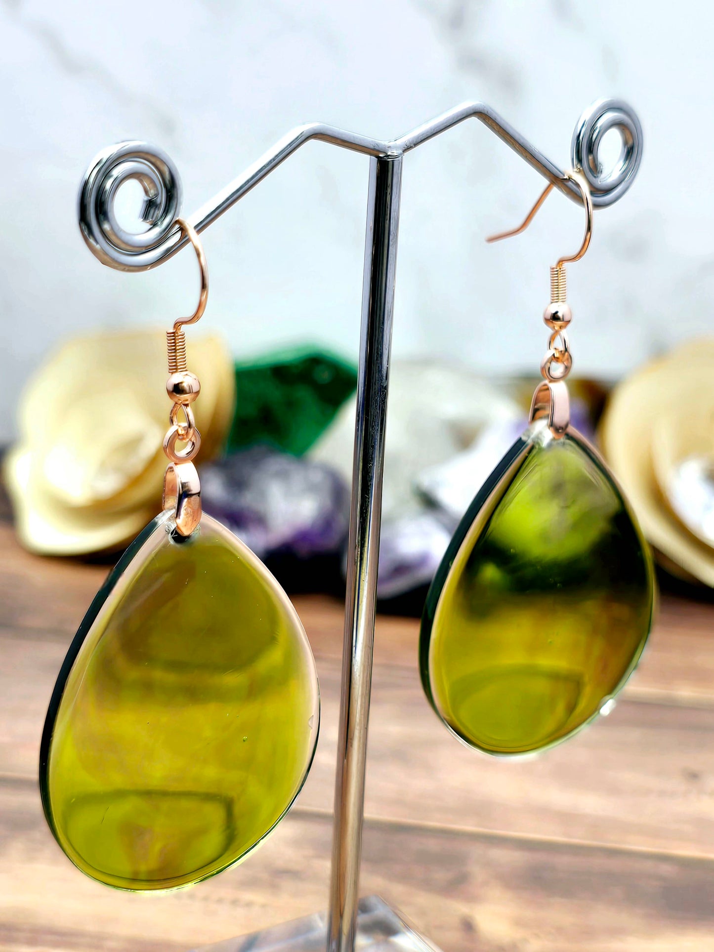 Green Teardrop Resin Earrings