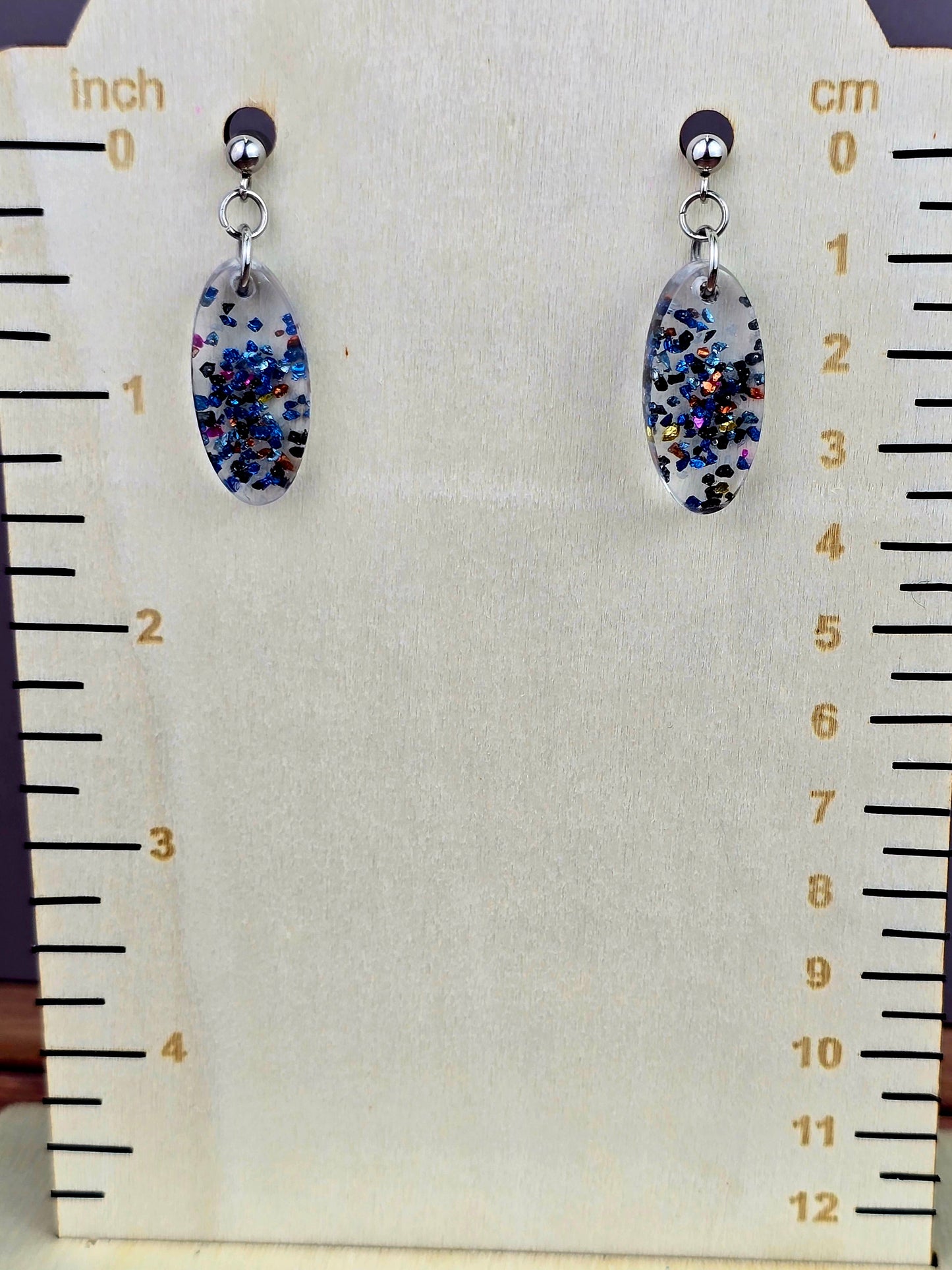 Clear With Blue and Black Glitter Ball Post Earrings