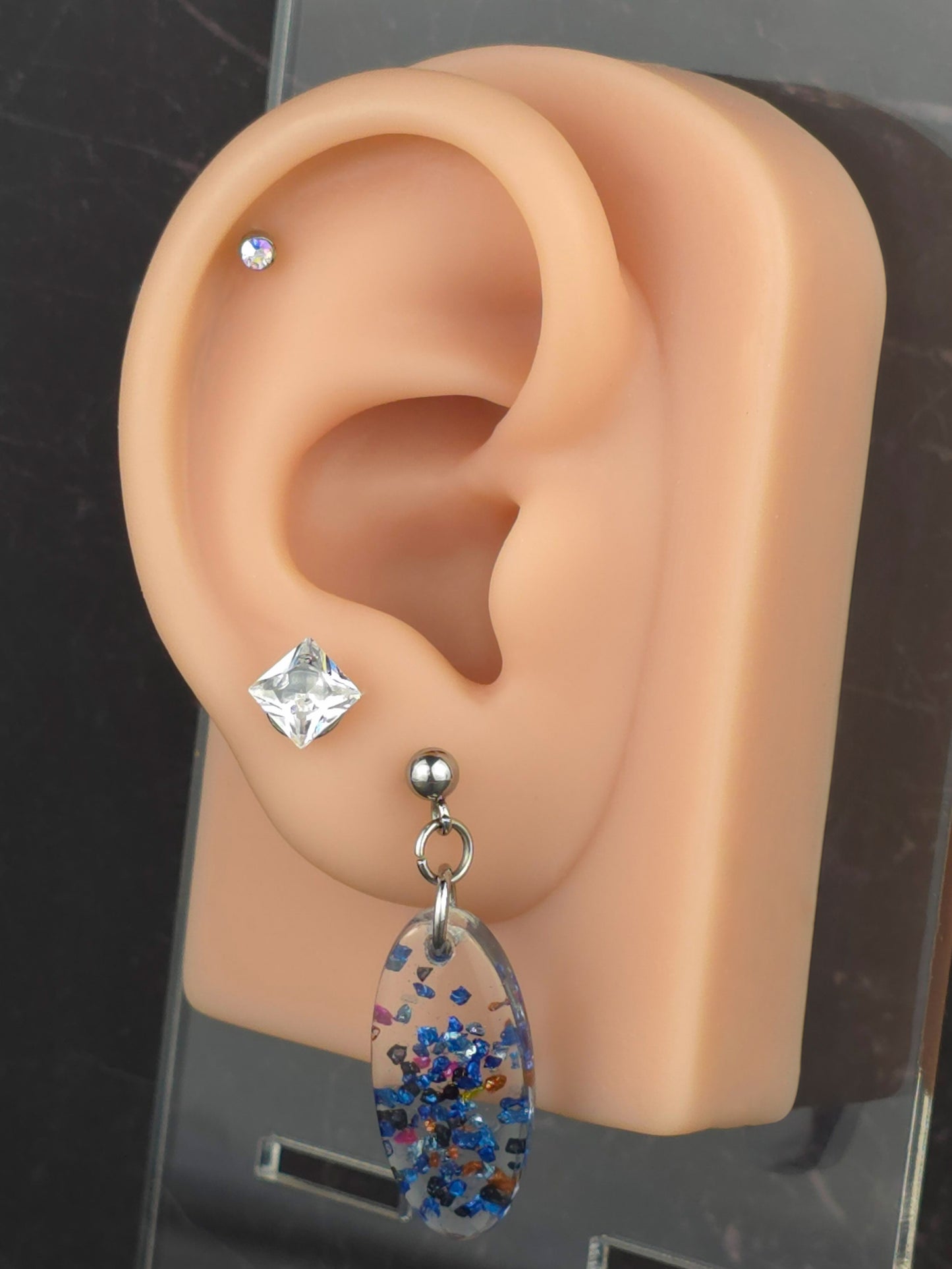 Clear With Blue and Black Glitter Ball Post Earrings