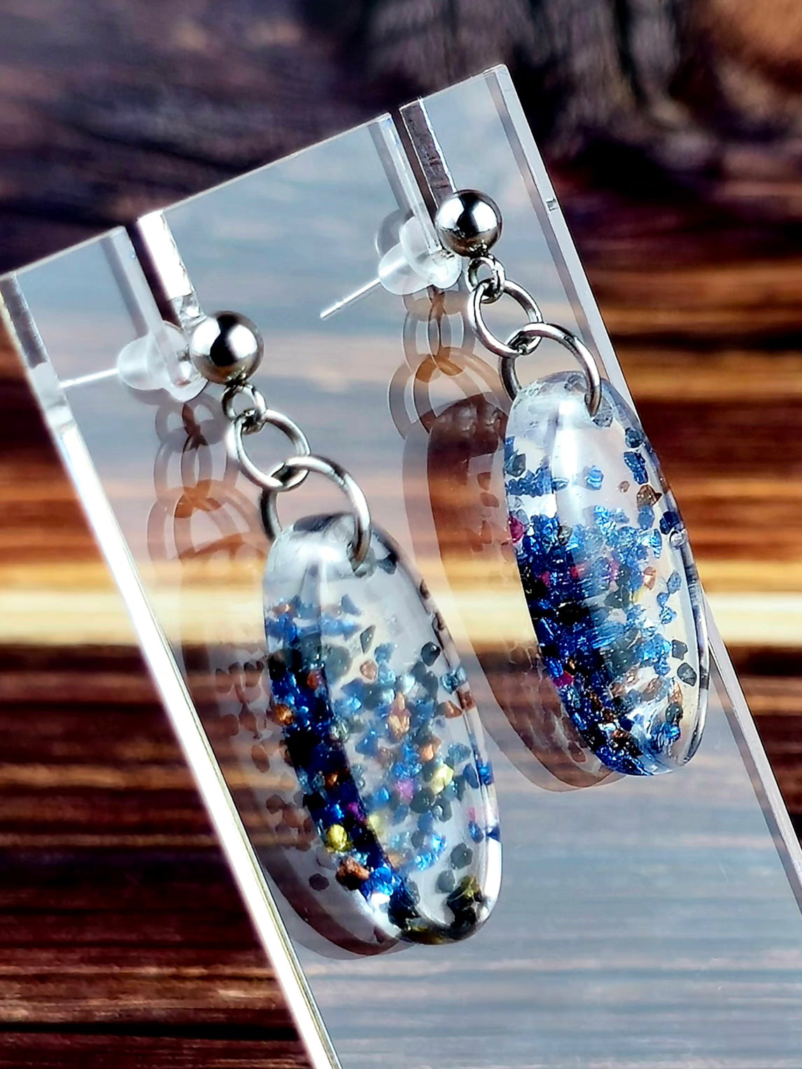 Clear With Blue and Black Glitter Ball Post Earrings