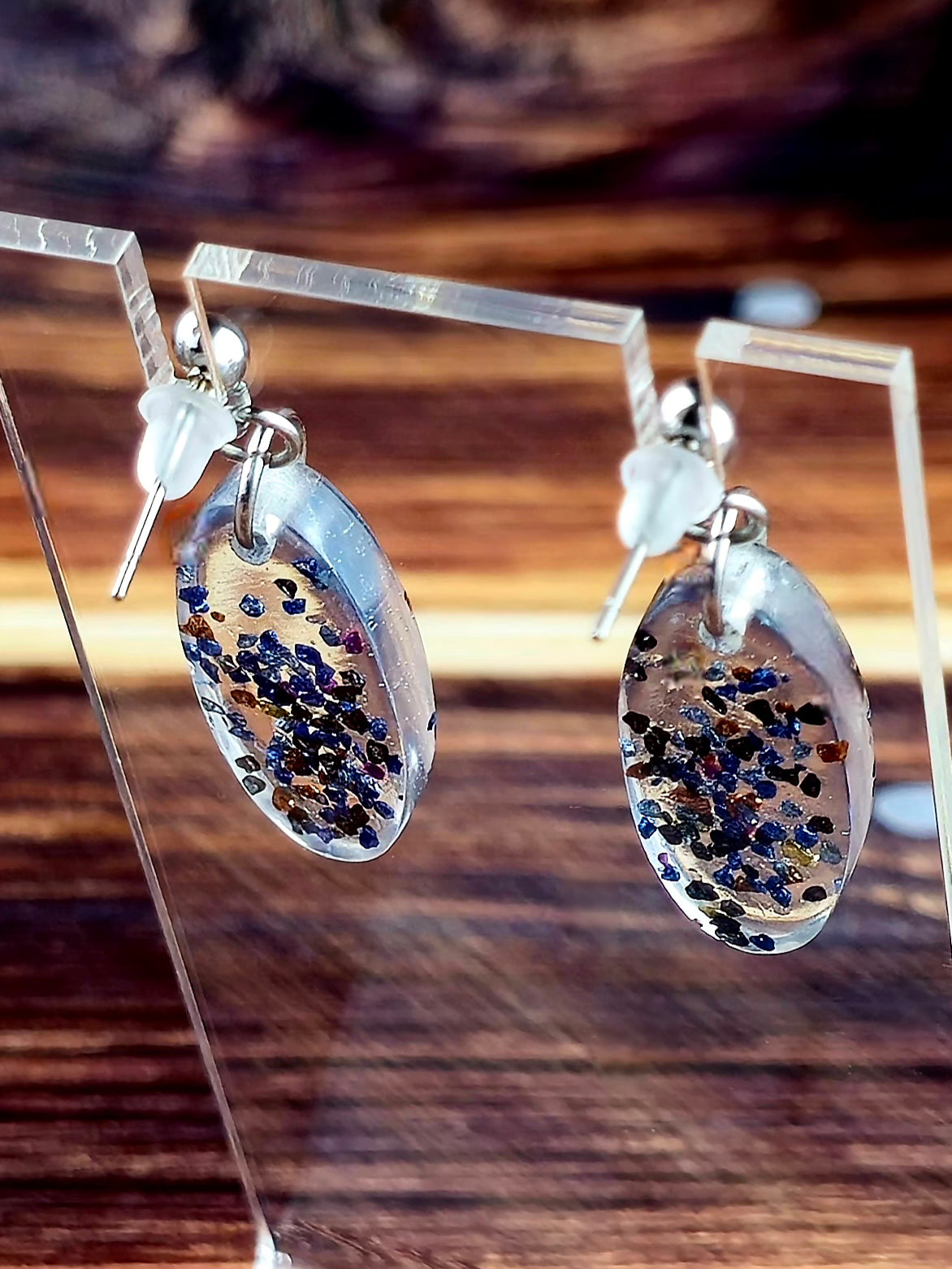 Clear With Blue and Black Glitter Ball Post Earrings