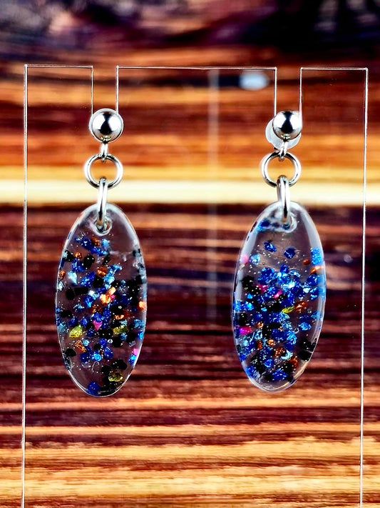 Clear With Blue and Black Glitter Ball Post Earrings