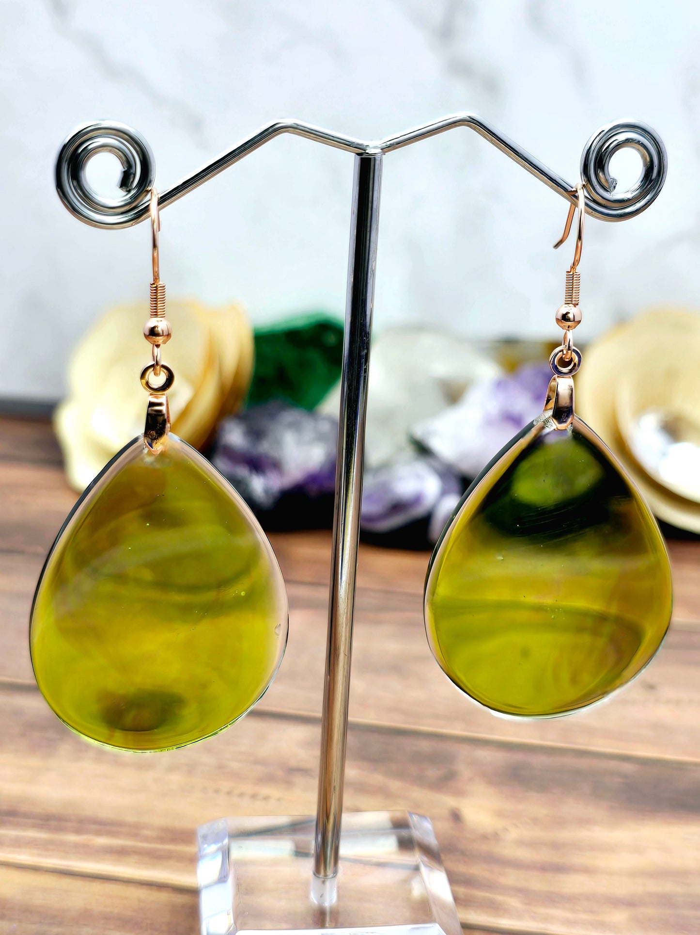 Green Teardrop Resin Earrings
