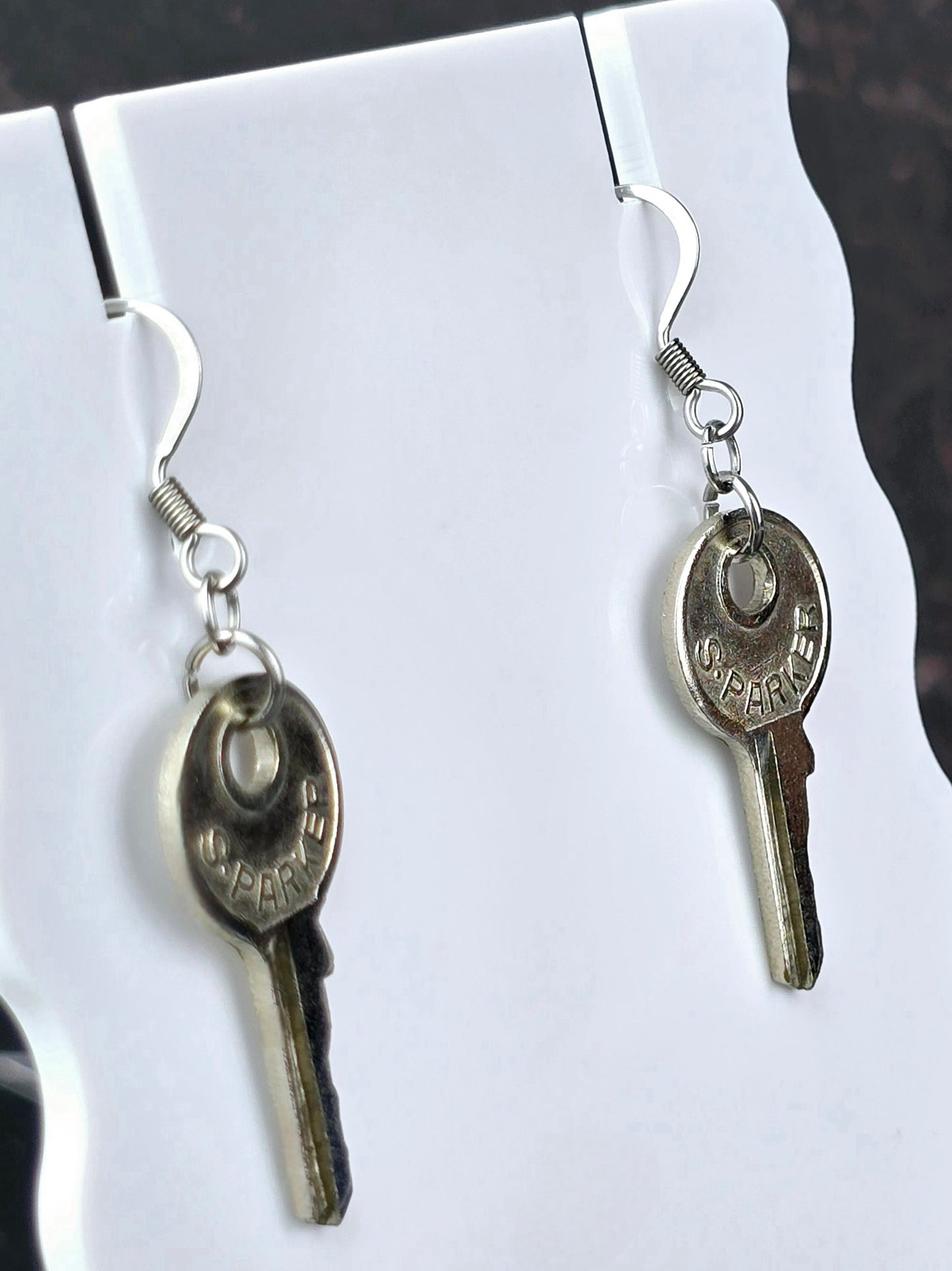 Silver Dangly Key Fishhook Style Earrings